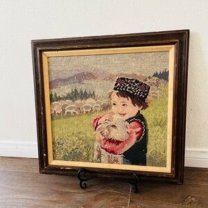 Framed Needlepoint Art with Child and Lamb 17/18 inches